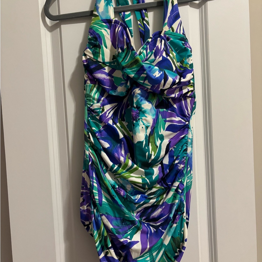 Blue and Green One Piece Swimsuit with Halter Straps